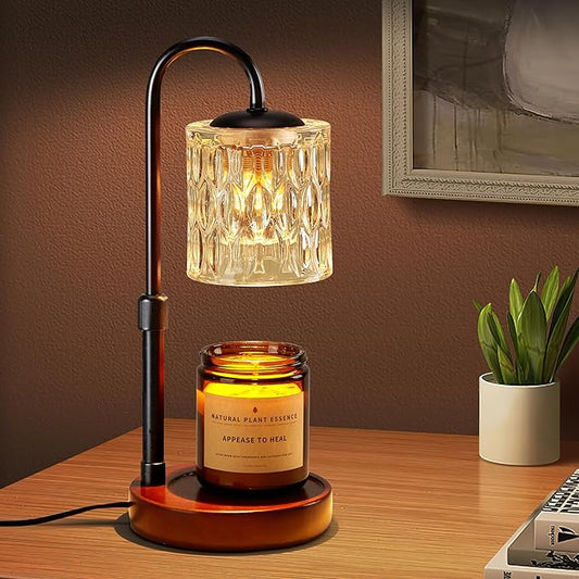 Briever Dimmable Candle Warmer Lamp with Timer, Height Adjustable Electric Candle Wax Warmer for Jar Candles, Top-Down Light Heat Melting Wax with 2 Bulbs, Walnut Solid Wood Base for Home Decor Gifts