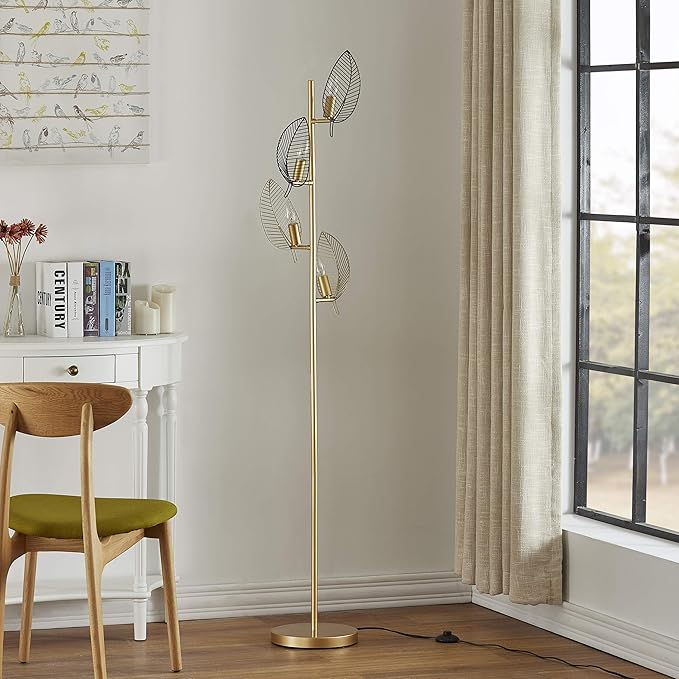 WOXXX Industrial Gold Floor Lamp with 4 Brush Black Finish Leaf Shade, Modern Tree Floor Lamps for Living Room Bedrooms Reading Standing Lamp Living Room Lamps Farmhouse Tall Lamp (4 Bulbs Included)