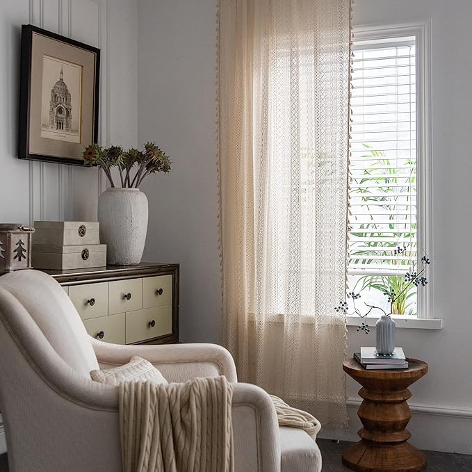 JOOJA 2 Panels Beige Lace Sheer Boho Lace Curtains with Crochet Semi Sheer Vintage Drapes for Living Room Bedroom, Farmhouse, Bohemian Style Modern (Crochet Beige, 59x96)