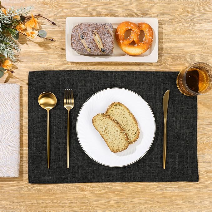 SHACOS Washable Woven Fabric Placemats Set of 6 Heat Resistant Place Mats Non Slip Thick Cloth Placemats Reversible Table Mats Indoor Outdoor Home Wedding Table Decor, Black