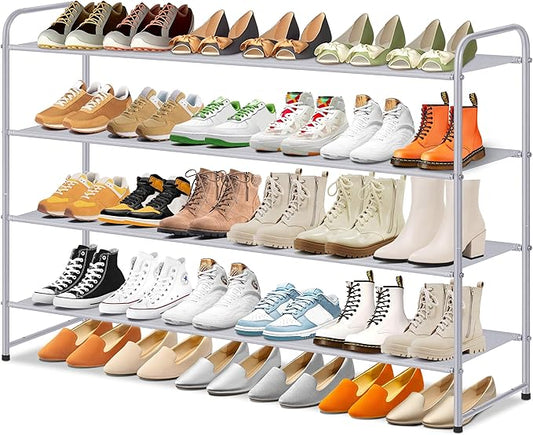SLEEPING LAMB 4-Tier Long Shoe Rack Organizer for Closet, Stackable Wide Shoe Shelf Holds 30-Pairs Low Shoe Storage for Bedroom, Floor, Entryway (Grey)