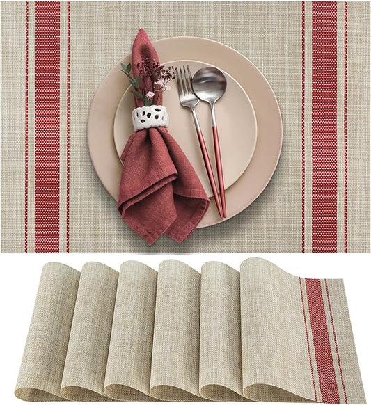 More Décor Dining Table Placemats, Washable Heat-Resistant PVC Vinyl Table Mats for Dining Room and Kitchen, Anti-Slip - Set of 6 - Vertical Striped Red - Grey