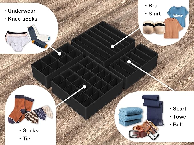Simple Houseware 4-Pack Drawer Organizer Set - Closet Dividers for Underwear, Socks, Bras, Scarves, Ties - Foldable Non-Woven Storage Boxes, Black