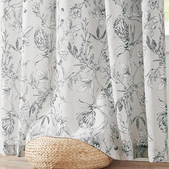 jinchan Floral Curtains 96 Inches Long Charcoal Grey Flower Linen Farmhouse Curtain for Living Room French Country Vintage Curtain Rod Pocket Curtains Set 2 Panels Gray Floral Printed