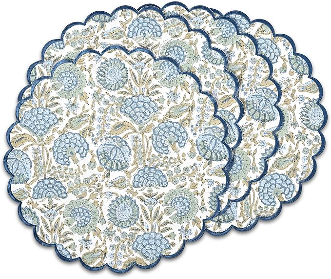 Ridhi Bo-ho Round Place Mat Easter Floral Cotton Washable Placemats 15" Round Embroidery Block Print Table Mat (Pack of 4-15 Inch Round, Asparagus Green)