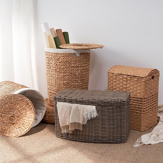 Apostle Rectangular Woven Laundry Hamper with Lid - Spacious Wicker Basket for Clothes Storage (Natural Brown, 18.5x14.6x24 in)