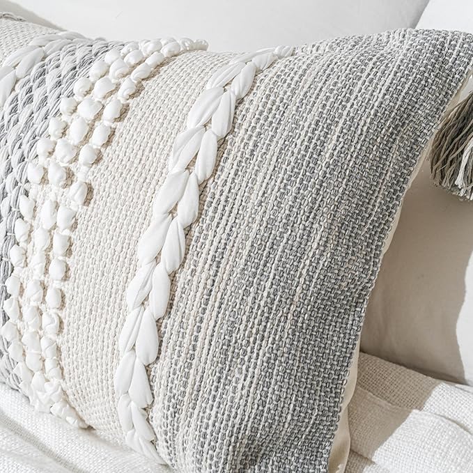 Gray Decorative Lumbar Pillow Cover 14x24, Boho Accent Throw Pillow Case for Couch Sofa Bed, Modern Farmhouse Textured Lumbar Cushion Bedroom Living Room, Cover ONLY