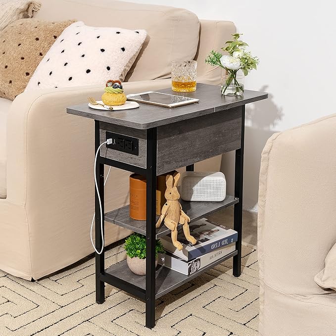 Yoobure End Table with Charging Station, Flip Top Side Table with USB Ports and Outlets, Sofa Couch Table Bedside Table for Living Room Bedroom, Narrow Nightstand with Storage Shelves for Small Space