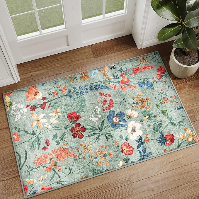 Green Area Rug 2x3 Entryway Floral Boho Door Mat Indoor Washable Kitchen Carpet Non Slip Bedroom Lightweight Low Pile Accent Rug for Bathroom Living Room Office Dining Room