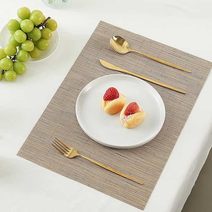Leetaltree Light Brown Placemats Set of 6 - Heat Resistant Non-Slip Place mats for Dining Table, Washable Durable PVC Vinyl Woven Table Mats（Light Brown, 6）