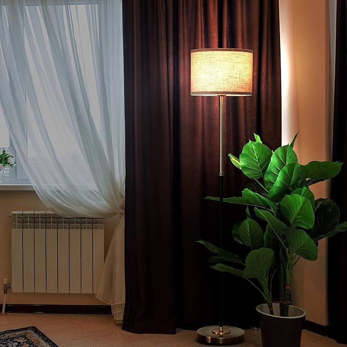 Brightech Emery LED Floor Lamp, Mid-Century Standing Lamp for Bedroom Reading, Modern Lamp for Living Rooms & Offices, Great Living Room Décor, Tall Lamp With Drum Shade & Brass Finish