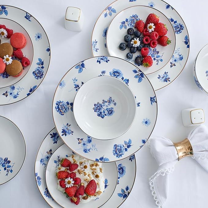 Stone Lain Viola 12-Piece Dinnerware Set Porcelain, Plates and Bowls Set, Dish Set for 4, Microwave and dishwasher Safe, Blue