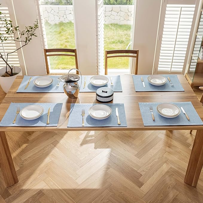 Demetex Blue Placemats Set of 6 Heat Resistant Farmhouse Burlap Placemats Washable Cloth Place Mat Dining Table Plate Mats for Kitchen Table Decor, Blue