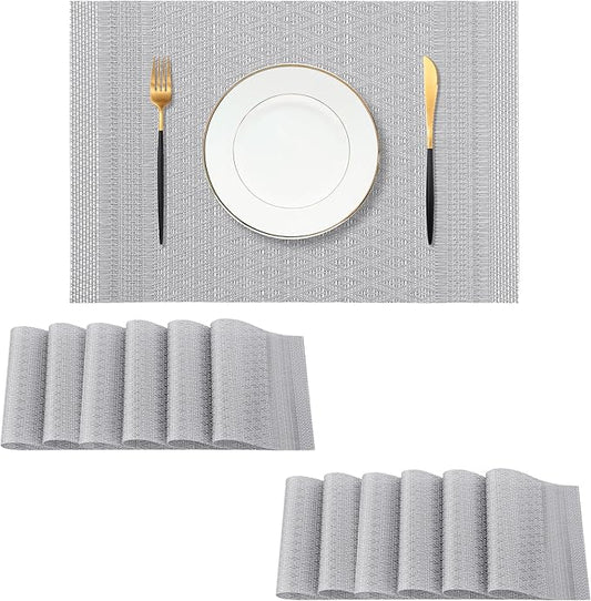 Leetaltree Lunar Grey Placemats Set of 12 - Heat Resistant Non-Slip Place mats for Dining Table, Washable Durable PVC Vinyl Woven Table Mats（Lunar Grey, 12）