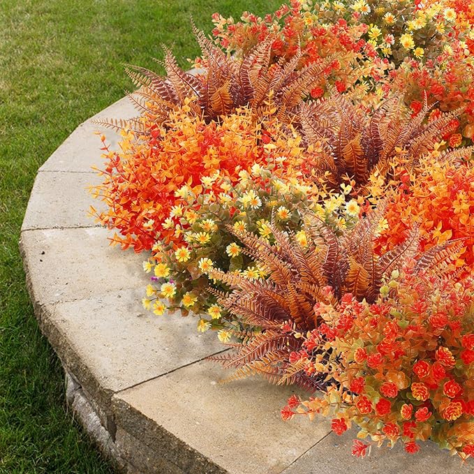 Ouddy Decor 24 Bundles Artificial Fall Flowers for Outdoor Decoration UV Resistant Fake Plastic Plants Faux Boston Fern for Autumn Indoor Outdoor Garden Patio Fireplace Window Box Kitchen Home Decor
