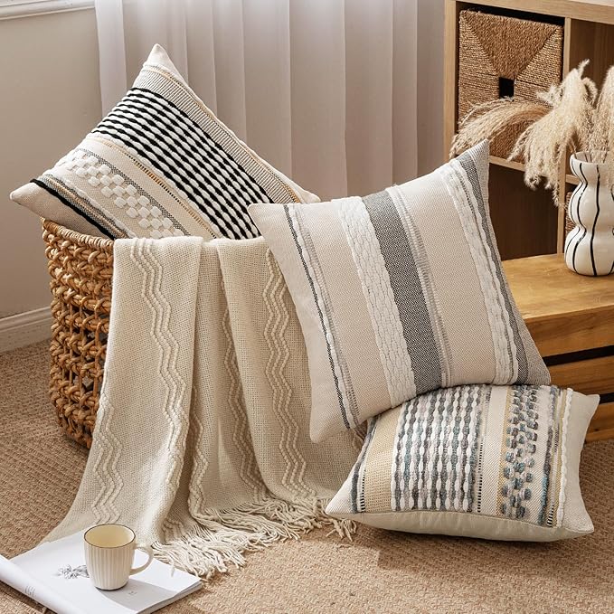 ANRODUO Pack of 2 Boho Decorative Throw Pillow Covers 18x18 Farmhouse Cushion Case Striped Chenille Pillow Cases Square Pillow Covers Accent Neutral Pillowcase for Sofa Couch Bed, Black-White Stripe
