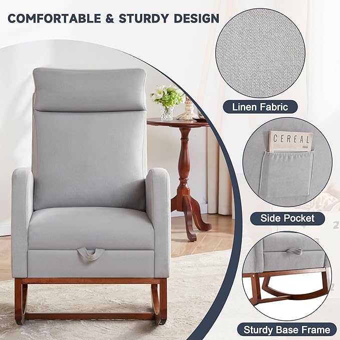 Rocking Chair Nursery Chair with Foot Rest, Nursery Rocking Chairs with High Back, Glider Rocking Chair with Pocket, Baby Nursery Glider Rocker, Nursing Chair Accent Living Room (Linen Grey)