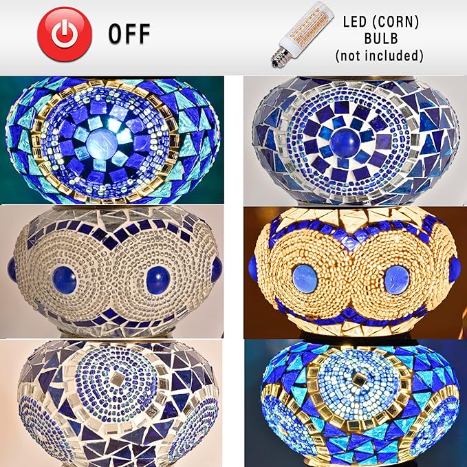 mozaist 3 Light Moroccan Mosaic Table Lamp, Stained Glass Boho Style Turkish Desk Lamp, Farmhouse Antique Living Room, Office Decorative Vintage Lighting with US Plug & E12 Socket (Blue & White)