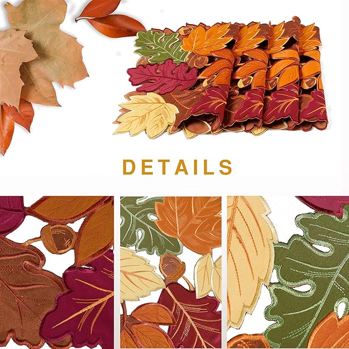 OWENIE 4 PCS Thanksgiving Placemats for Dining Table, 13 x 19 Inch Set of 4 Embroidered Maple Leaves Table mats for Fall, Harvest Applique Leaf for Autumn Decorations