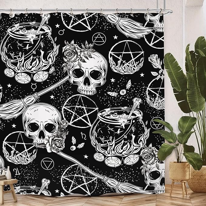 Skull Witch Halloween Shower Curtain 60Wx72L Inch Horror Spooky Scary Magical Mysterious Gothic Black White Holiday Bathroom Set Accessories Decor with 12 Pack Hooks