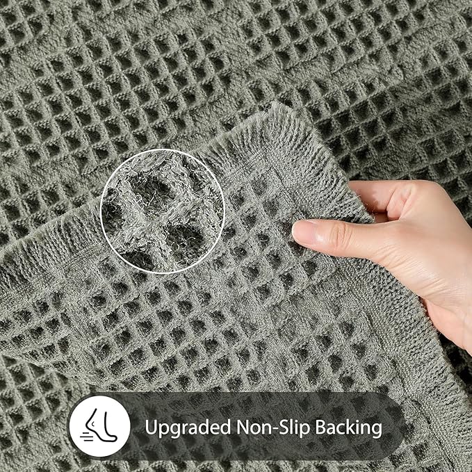 Upgraded Green Waffle Bathroom Runner Rugs, Super Absorbent Non Slip Bath Mats for Bathroom Floor, Extra Long Soft Bath Rugs with Tassels for Hallway Laundry Room, Machine Washable, 24" x 72"