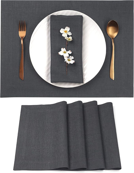 D'Moksha Homes Linen Charcoal Grey Placemats Set of 4-100% Pure Linen Placemats 14 x 19 Inch for Summer - Handcrafted and Machine Washable