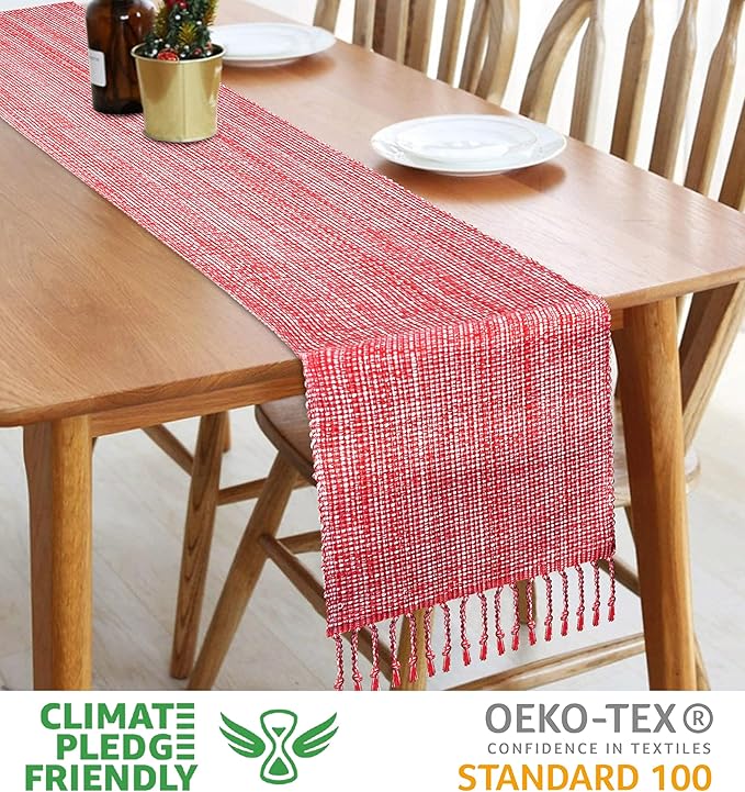 Urban Villa Table Runner 100% Cotton Two Tone Tablerunner Home Kitchen Dining Décor Table Runner 14''x72'' Red/White Table Runner with Fringes Cocktail Parties Wedding BBQ's Everyday use Table Runner