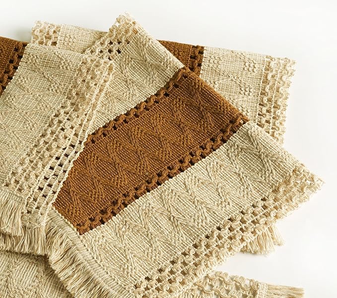 FEXIA Boho Placemats Set of 4, Macrame Table Decor and Farmhouse Style Placemats Natural Cotton Burlap, for Dining Table, Caramel