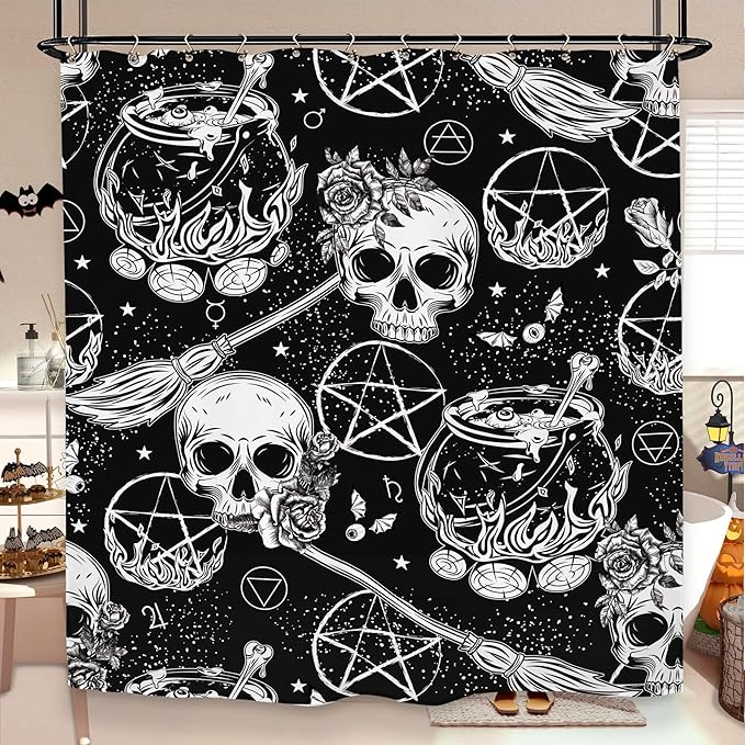 Skull Witch Halloween Shower Curtain 60Wx72L Inch Horror Spooky Scary Magical Mysterious Gothic Black White Holiday Bathroom Set Accessories Decor with 12 Pack Hooks