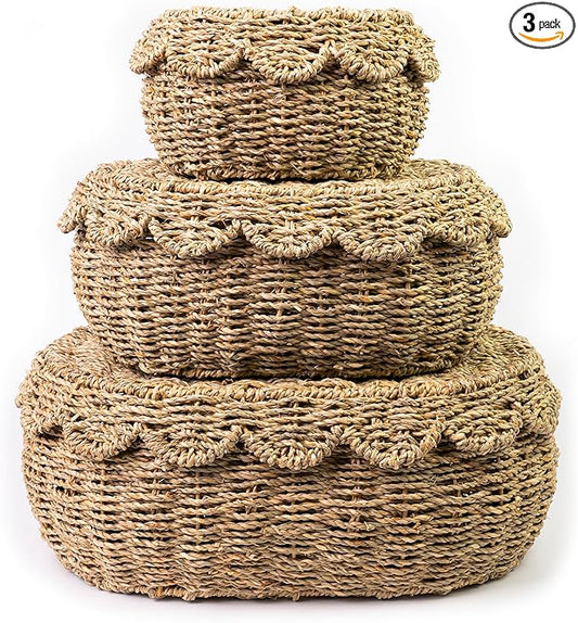 KOLWOVEN Set of 3 Wicker Storage Baskets with Lid - Decorative Handwoven Rattan Baskets for Organizing, Small Hyacinth Storage Boxes with Scalloped Edges, Natural Woven Storage Bins with Lids