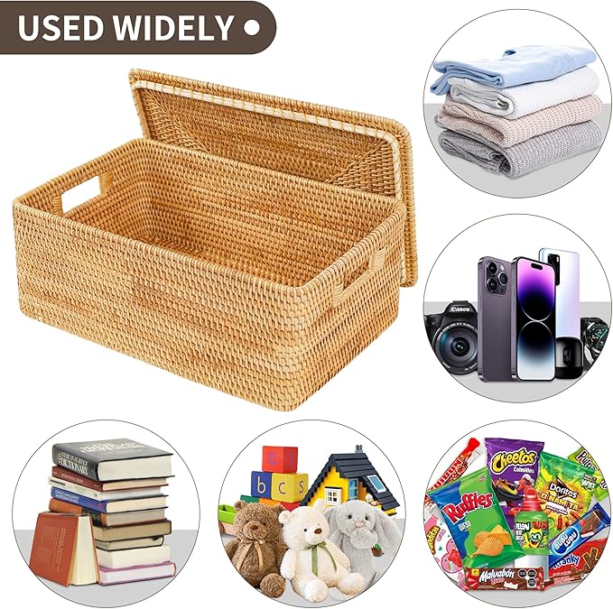 Rattan Basket With Lid,Large Storage Basket Lidded,Rattan Box For Shelf (16.5" L×12.6"W×7"H)