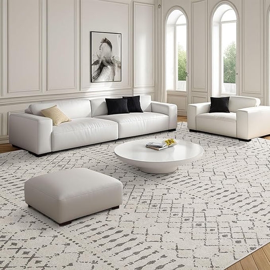 Extra Large Area Rug 10x14 Area Rugs for Living Room, Washable Rugs Moroccan Boho Farmhouse Rug with Non-Slip Backing, Soft Low Pile Floor Carpet Neutral Rug for Bedroom Dining Room, Off White/Grey