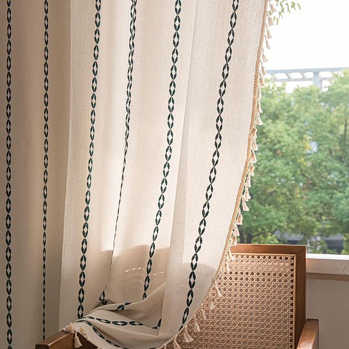 Sutuo Home Boho Curtains 84 Inches Long for Bedroom Living Room, Bohemian Drape,Light Filtering Country Semi Blackout Farmhouse Window Treatment Rod Pocket, 1 Panel W52 x L84,White and Hunter Green