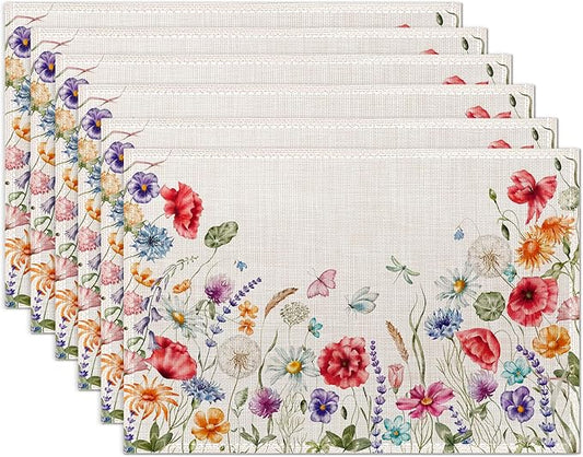 Watercolor Floral Chamomile Lavender Flowers Placemats Set of 6 Place Mats for Kitchen Table Washable Farmhouse Linen Table Mats Dining Decoration 12x18 Inch