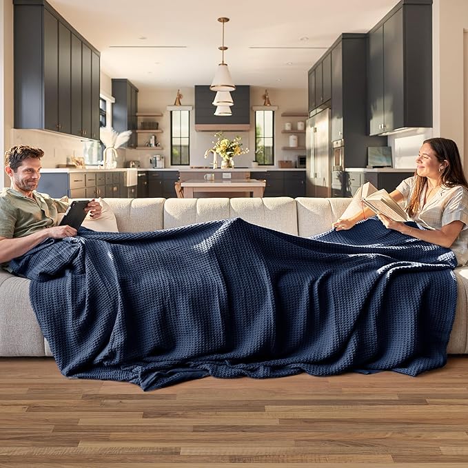 Bedsure 100% Cotton Blanket King Size for Bed - Breathable and Soft, Waffle Weave Blanket for Summer Spring, Pageant Blue, 104x90 inches