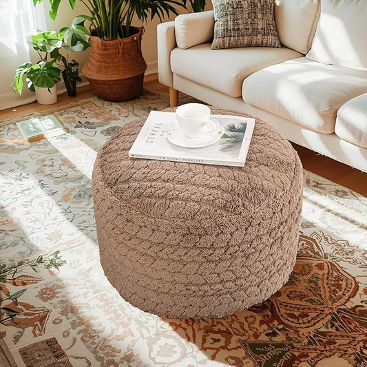Round Pouf Ottoman 20 x 20 x 14 Inches Boho Poof Home Decor Floor Pouffe Ottoman Foot Rest for Couch Sofa Bean Bag Chairs Living Room Bedroom (Tan)