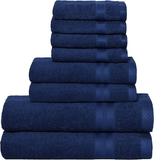 BOUTIQUO Navy Blue Towel Set - 8 Piece Bathroom Towel Set - 100% Ring Spun Cotton, 2 Bath Towel 27x54, 2 Hand Towel 16x28 and 4 Washcloth 13x13 - Ultra Soft Highly Absorbent Towel Set - Navy Blue