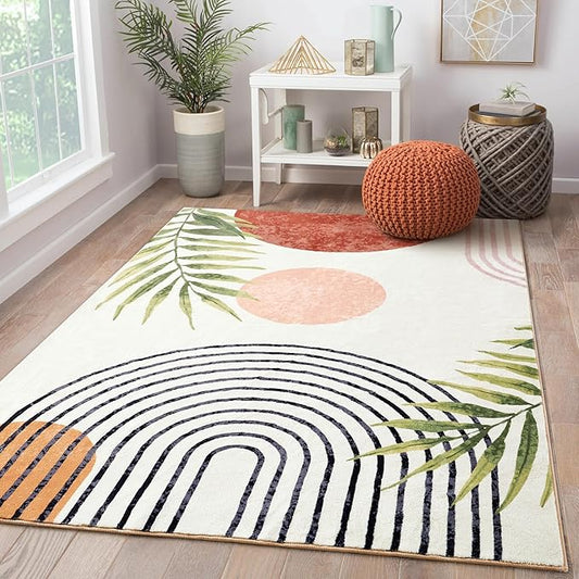 RoomTalks Mid Century Modern Washable Rug, Boho Cute Aesthetic 4x6 Area Rugs for Bedroom Dining Living Room Kitchen, Abstract Tropical Leaves Non Slip Thin Indoor Entryway Rug Accent Floor Carpet