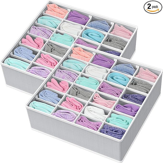 Simple Houseware 2 Pack Closet Sock Organizer, 24 Cell Drawer Divider, Gray
