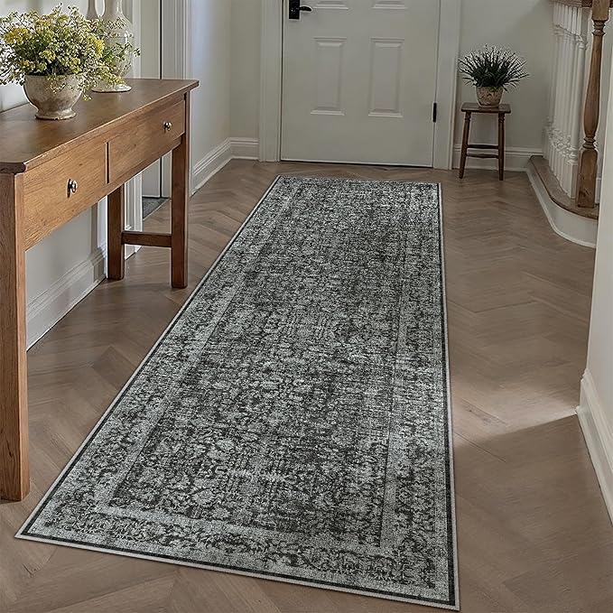 Dark Black Runner Rug 2x6 Hallway Machine Washable Kitchen Vintage Distressed Non Slip Long Carpet Indoor Retro Floral Bedroom Accent Throw Rug for Bathroom Office Laundry Dining Room