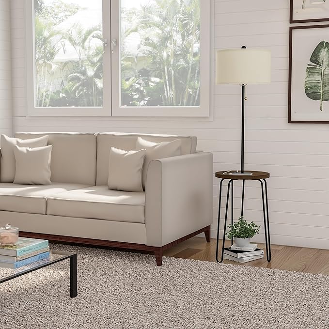 Floor Lamp with Table - Mid-Century Modern Nightstand or Side Table with USB Port and Hairpin Legs - Standing Light with Shelves by Lavish Home