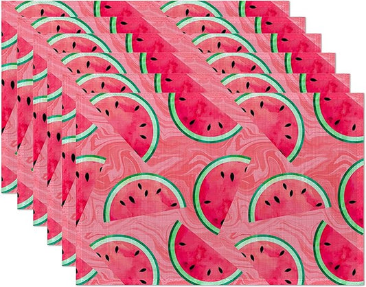 Placemats,Watermelon Pink Marble Placemats 12x18 Inch Waterproof Non-Slip Washable Table Mats for Kitchen Dining Party Table Decor,Set of 6