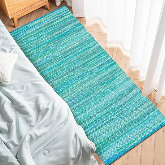 Rug Area Rugs 2x6 Ft Cotton Hand Woven for Livingroom Bedroom RagRug Reversible Farmhouse Kitchen RunnerRug Carpet Green Large Area Runner Mat for Hallway, Entryway 24x72 Inch Teal