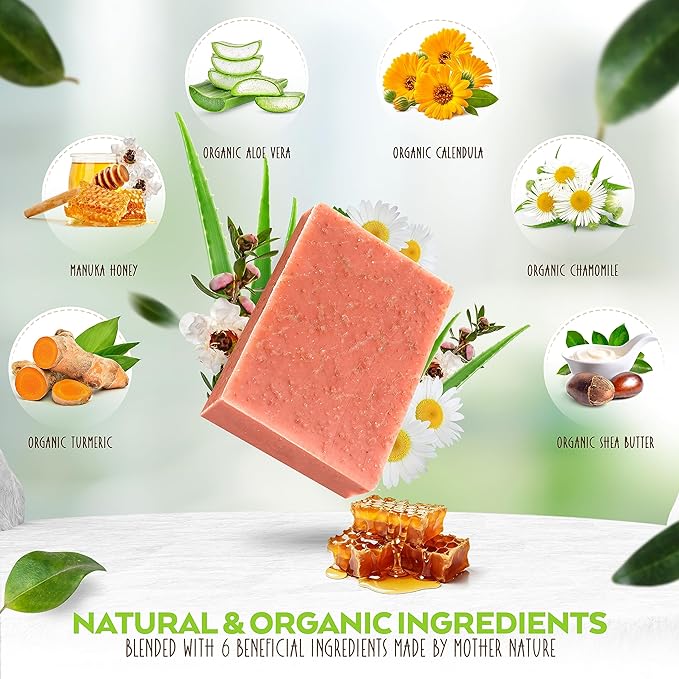 Turmeric & Manuka Honey Soap Bar for Body & Face, Natural Turmeric Soap for Dark Spots, Made In USA with Natural & Organic Ingredients - Gentle For All Skin Types – 4.5 Ounce Bar