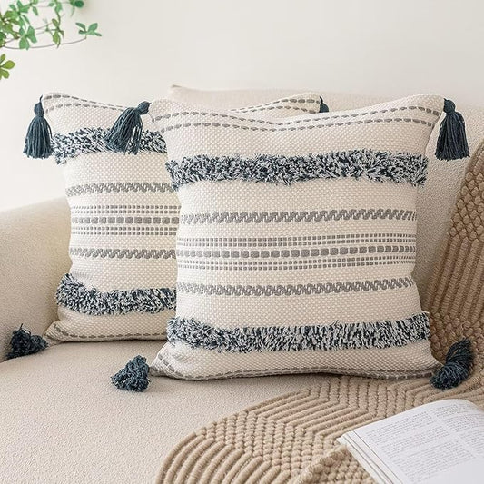 Boho Throw Pillow Covers 20x20 Set of 2 Woven Tufted Farmhouse Pillows Cover with Tassels Textured Striped Cushion Case Neutral Pillow Cases Decorative Pillowcase for Sofa, Bed, Dark Blue