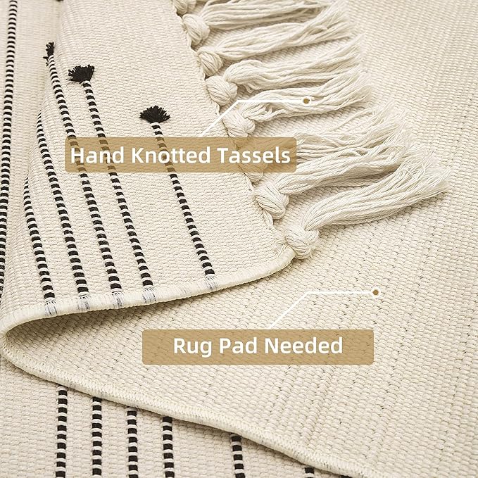 Tritard Boho Hallway Runner Rug 2x10 - Washable Area Rug Farmhouse Aztec Cotton Long Lightweight Rugs with Tassels Kitchen Bathroom Woven Low Pile Thin Carpet for Entryway, Bedroom, Beige Cream