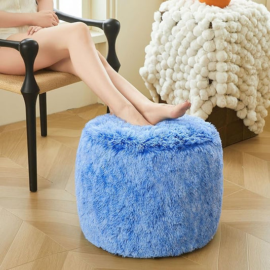 XeGe Fluffy Faux Fur Inflatable Pouf Ottoman, Soft Shaggy Fuzzy Foot Stool, Plush Furry Foot Rest Floor Pouf Anti-Slip, Foldable Round Ottoman Cushion Living Room Bedroom Home Decor, Ombre Blue