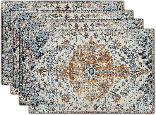 Brown Navy Blue Ethnic Boho Placemats Set of 4 Bohemian Carpet Vintage Gold Black Tan Floral Linen Washable Kitchen Dining Table Mats Stain Heat-Resistant Desktop Place Mats for Home Party 12x18 in