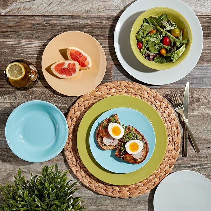 Tabletops Gallery 12 Piece Blue Green Coral Melamine Dinnerware Set Plates Bowls for Indoor Outdoor Use, Service for 4, Enchanted