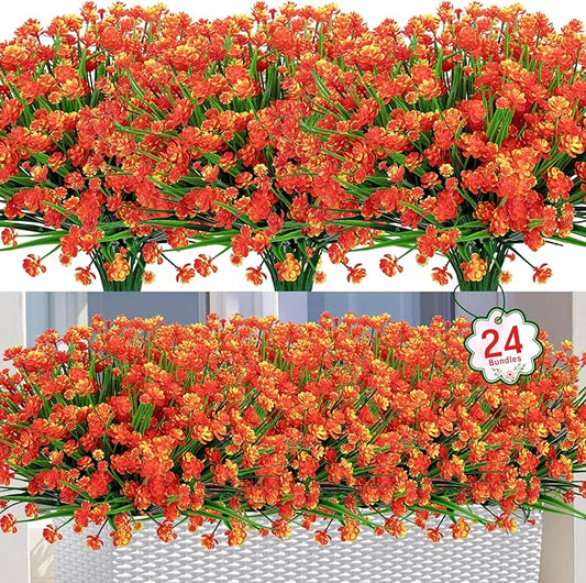 Ouddy Decor 24 Bundles Artificial Flowers for Outdoors UV Resistant Fake Plastic Plants Faux Boston Fern Greenery Stems for Spring Summer Indoor Garden Patio Window Box Kitchen Home Decor, Orange